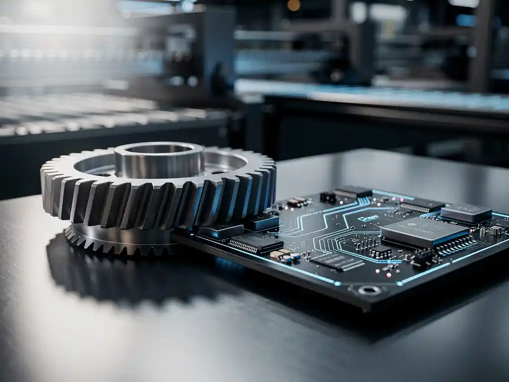 Precision metal gear assembly interlocking with a circuit board on a steel workbench, industrial machinery softly blurred in the background.